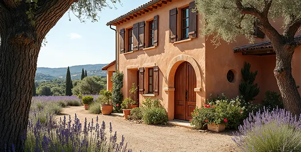 French Home 01 Traditional French house with lavender in the foreground and rolling hills in the background