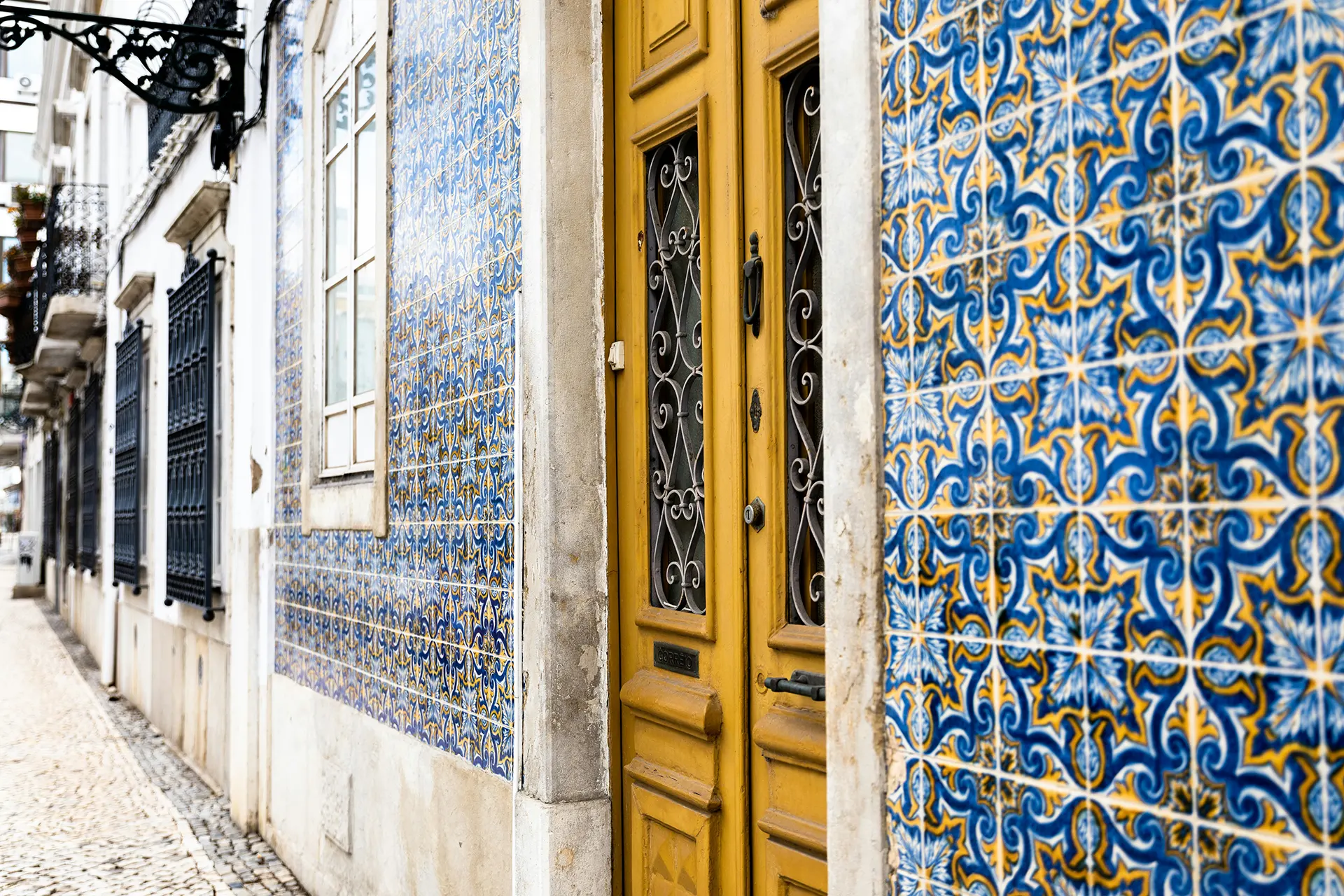 Colourful traditional tiled street in Portugal