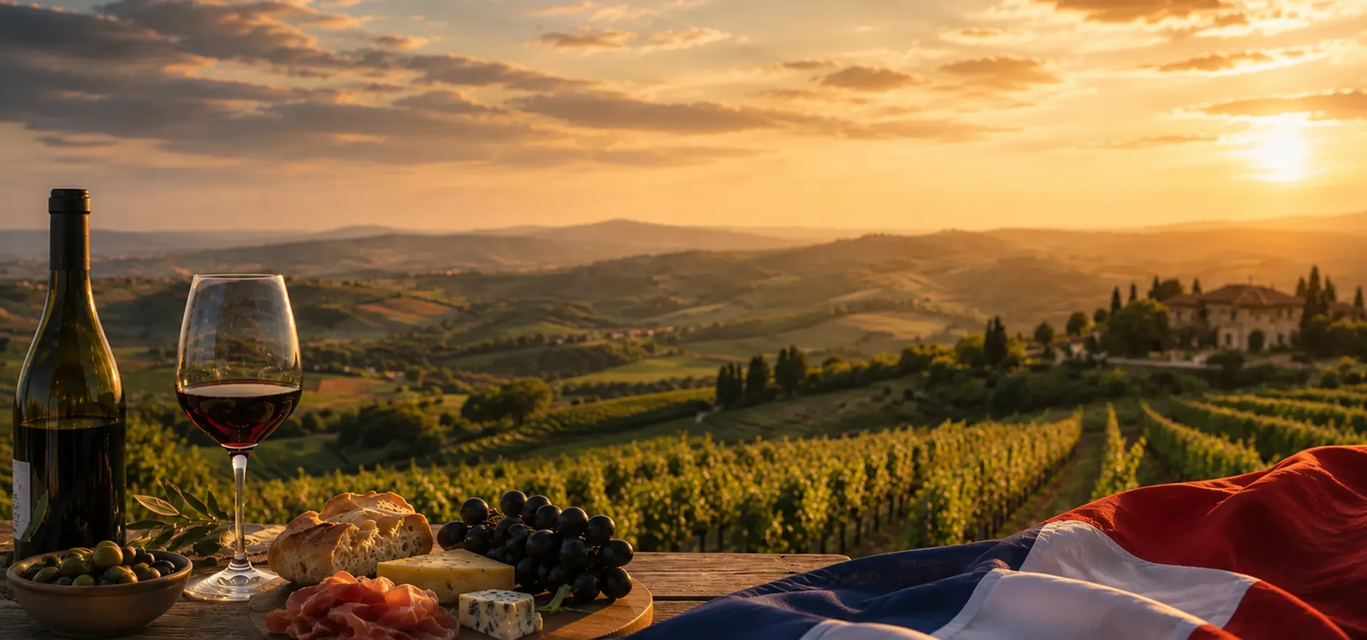 French countryside lifestyle with wine, cheese and vineyards
