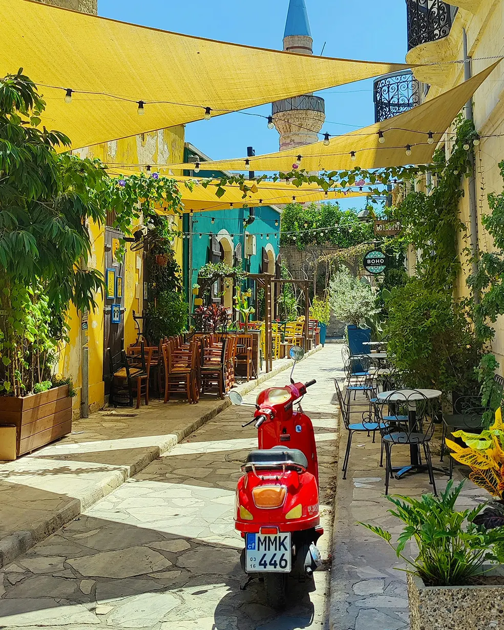 Street café and bicycle in Cyprus